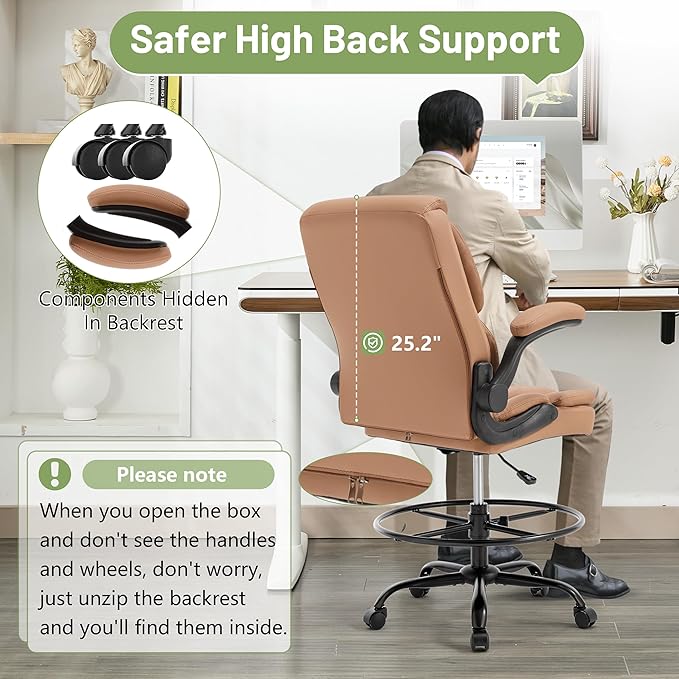 500LBS Drafting Chair, High Back Safer Standing Desk Chair, Executive Tall Office Chair with Flip-up Armrests, Upholstered PU Leather Task Chair, Ergonomic Seat with Adjustable Height&Foot Ring, Brown