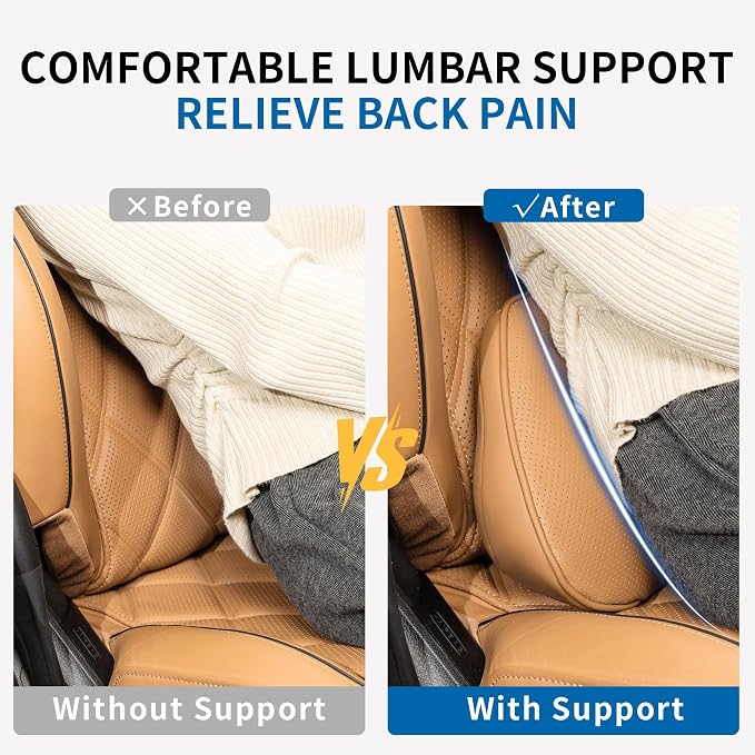 Lumbar Support Pillow for Car Seat, Office, Palomino Brown, 1PC | Leather Lumbar Pillow Memory Foam Lower Back Cushion for Back Pain Relief Improve Posture, Ergonomic Back Rest Gaming Chair