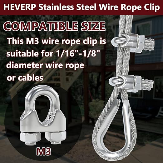 20PCS 1/8 Inches M3 Stainless Steel Wire Rope Clips Cable Clamp | Corrosion resistant,antirust,easy to install,suitable for using in 1/16"-1/8" diameter wire rope or cable