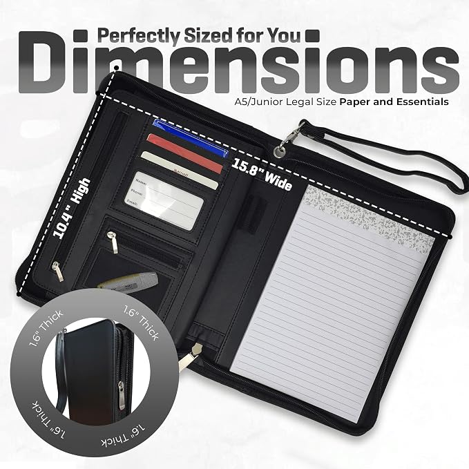 Zippered Leather Portfolio Binder with Junior Legal 5x8 Notepad - Black PU Leather Business Padfolio Organizer Folder with 8 Inch Tablet Sleeve & Gift Box by Lautus Designs