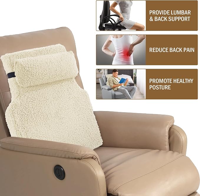 HOMBYS Sherpa Fleece Lumbar Support Pillow with Headrest, Foam Recliner Chair Cushion for Back Pain, Big High Back Support with Chair Headrest for Elderly (Beige)