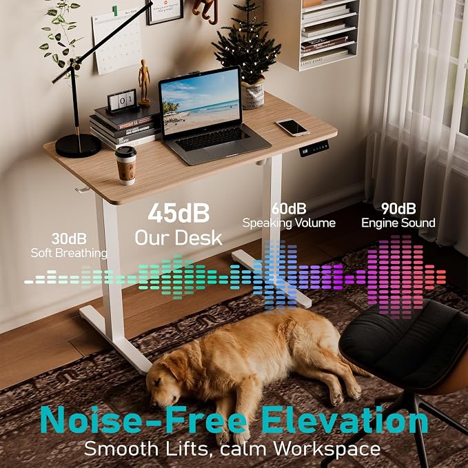 35" Electric Standing Desk, Small Sit Stand up Desk, Light Walnut | Height Adjustable Computer Desk for Home Office, Compact Work & Gaming Desk with Cable Management and Stable Steel Frame