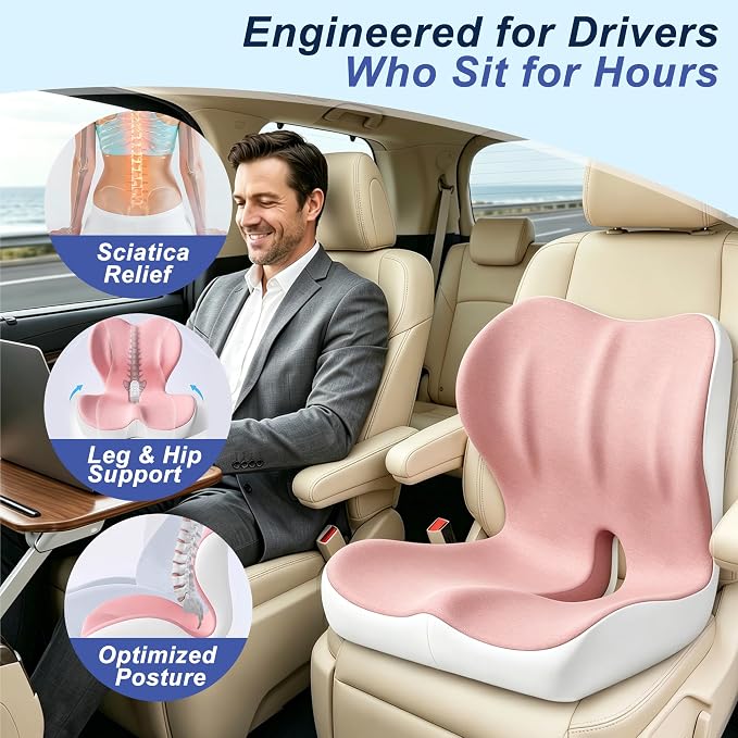 Seat Cushion for Office Chair and Car, Ergonomic Memory Foam Seat Cushion with Lumbar Support Pillow, Orthopedic Cushion for Sciatica & Back Pain, Pink & Light Gray