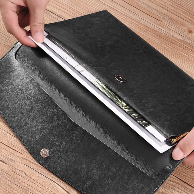 VANRA 1 Piece File Folder Organizer PU Leather File Jackets Document Holder Project Pockets with Magnetic Closure Button and Inner Bag for A4 Letter Size Paper (Black)