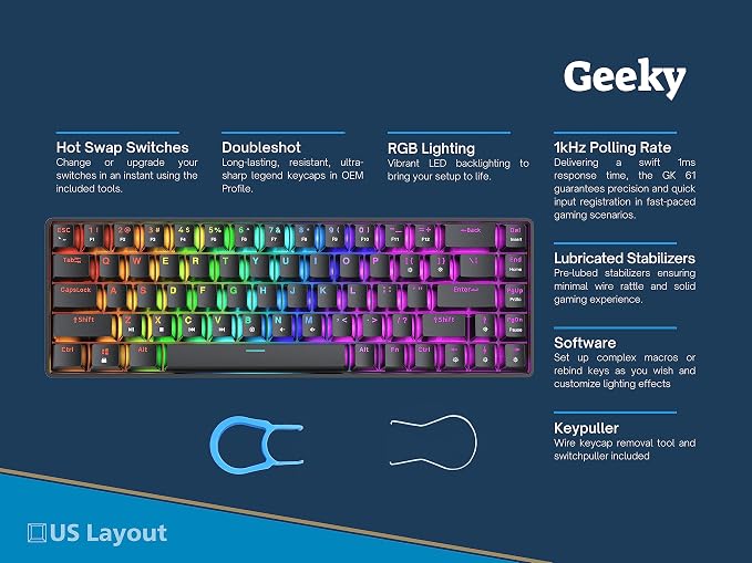 Geeky GK65 65% | Hot Swappable Mechanical Gaming Keyboard | 68 Keys Multi Color RGB LED Backlit for PC/Mac Gamer | ANSI US American Layout (Black, Mechanical Speed Yellow)