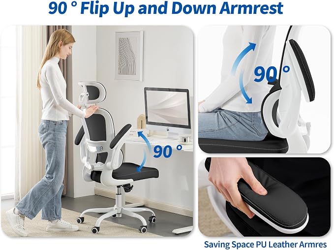 TRALT Ergonomic Office Chair - Desk Chair with Adjustable Headrest Lumbar Support Computer Chair - Mesh Comfy Chair with Flip-up Armrests - Gaming Chairs for Adults Home Office (Leather, Black White)
