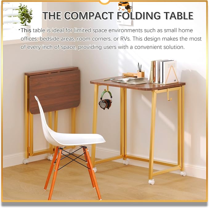 4NM 23.6" Mobile Small Folding Desk, Foldable Rolling Computer Home Office Desk, Study Writing Table for Small Space Saving Bedroom, with Wheels - Brown and Gold