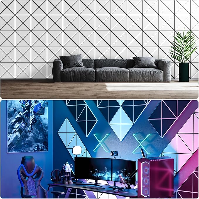 18 Pack Self-Adhesive Acoustic Panels, 12" X 12" X 0.4" X-Line Sound Proof Foam Panels for Walls, High-Density Soundproof Wall Panels for Home & Office (White on Black)