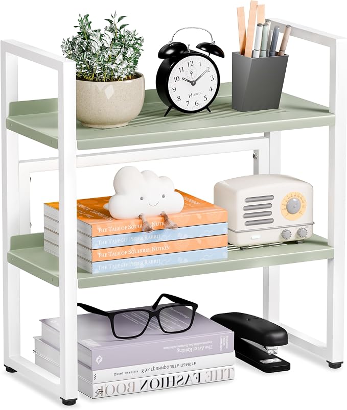 Brakki Desk Shelf Organizer, 2-Tier Desktop Bookshelf, Small Office Shelf | Adjustable Shelf, Metal Desktop Rack for Dorm, with Foot Mat, Multi-Functional Organization, White and Green