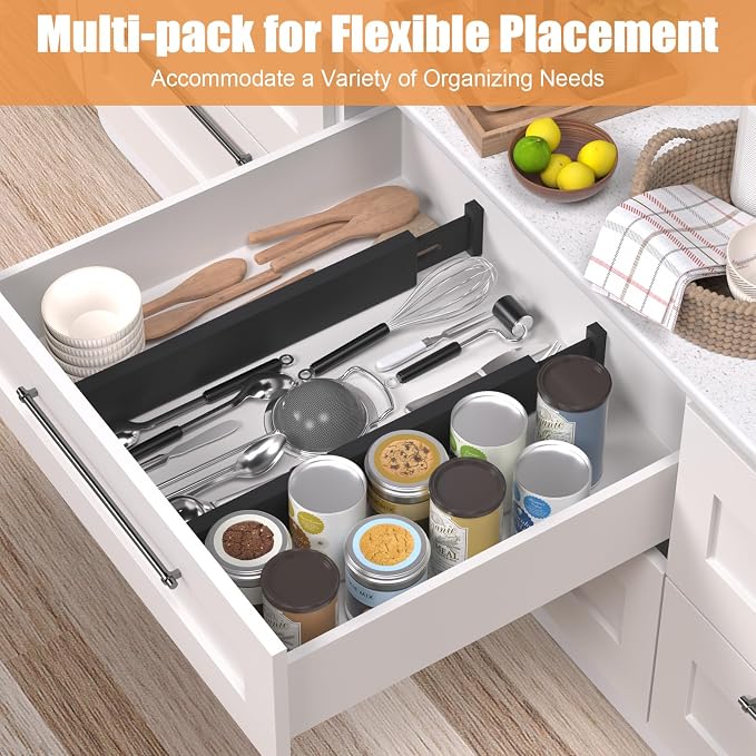 Bamboo Drawer Dividers, Adjustable Drawer Organizers, Fits 17.6–21" Drawers | 2.5" High, 6 Pack Expandable Drawer Separators for Kitchen, Nursery, Dressers & Office Storage, Black
