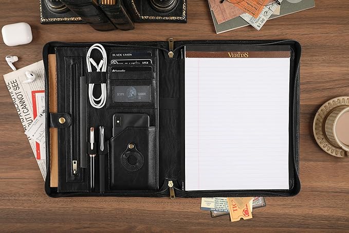Leather Portfolio for 13-in iPad Pro M4/M5 & 13-in iPad Air M2/M3, Leather Padtfolio with ipad Holder for Letter Size Notepad, Personalized Padfolio for Men - Oil Black