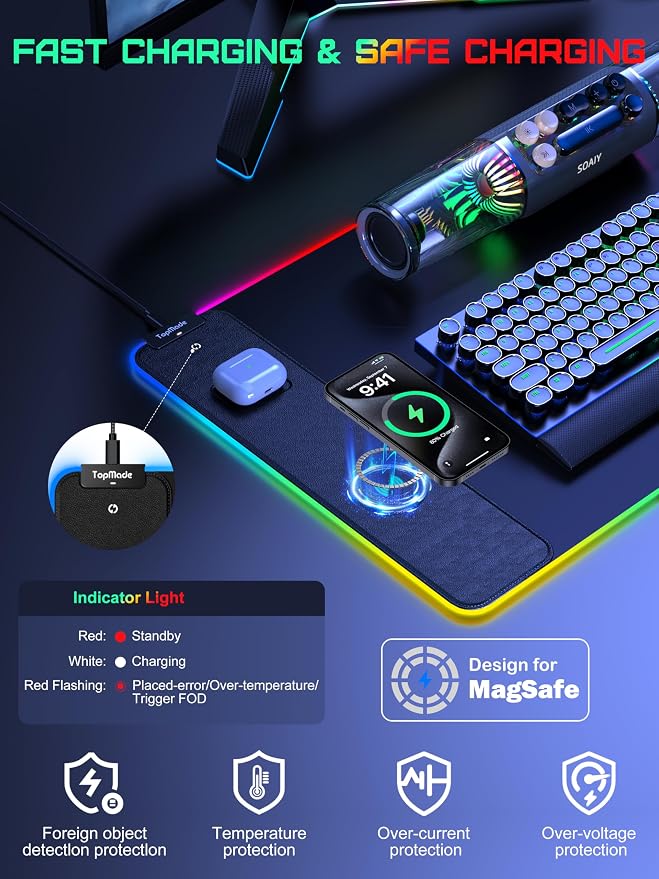TopMade Wireless Charging RGB Mouse Pad, Waterproof Gaming Desk Mat with 4 Light Modes & 11 RGB Colors, 31.5"x15.75" XXL Large Desk Pad(Includes 20W PD Power Adapter & 6.56ft Woven Cable)