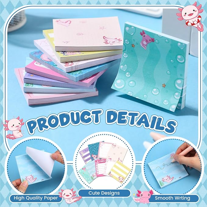 9 Pads Cute Sticky Notes Cartoon Self Stick Notepads 3x3 Inches Notes Adhesive Memo Pad Office Decor Gifts for Students School Teacher Office Meeting(Axolotl)