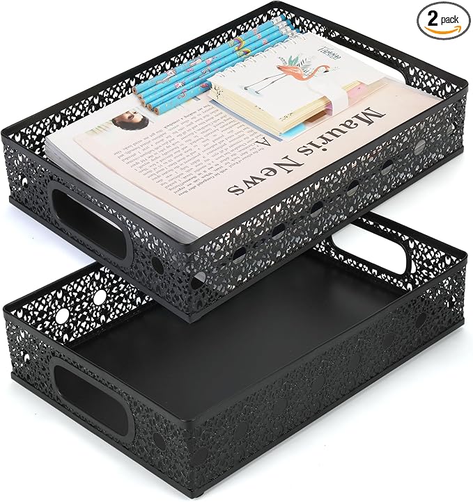 Desk Drawer Organizer, A4 Large Metal Mesh Desk Rrganizer Tray, Versatile Storage Box Set for Office Home Supplies,Carved Hollow Floral Desk Tray, 13 x 9 inches (2, Round Holes)