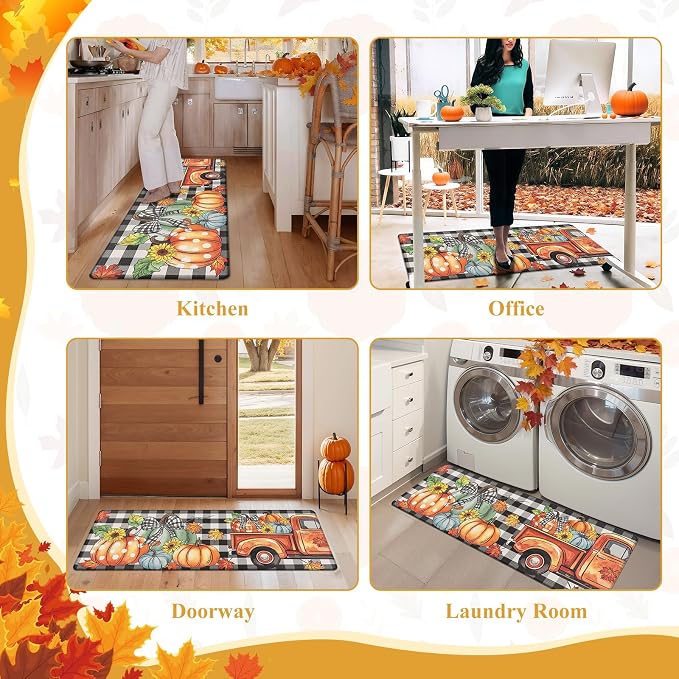 SHACOS Anti Fatigue Fall Kitchen Rugs Set of 2 Pumpkins and Sunflower | Waterproof Non Slip Cushioned Comfort Kitchen Floor Mats Harvest Autumn Black White Checkered Farmhouse Mat 17x27.5+17x47"
