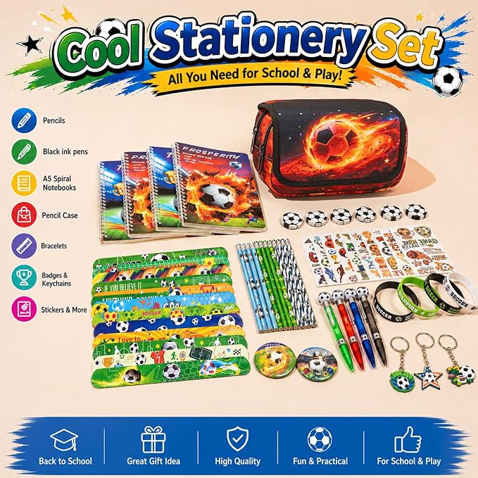 DIGOBAY 61PCS Soccer School Supplies Set for kid Boys, Teen Back to School stationery Supplies with Pencil Case Drawstring Bag Spiral Notebooks Pens Pencils Tattoos Wristbands Gift Box