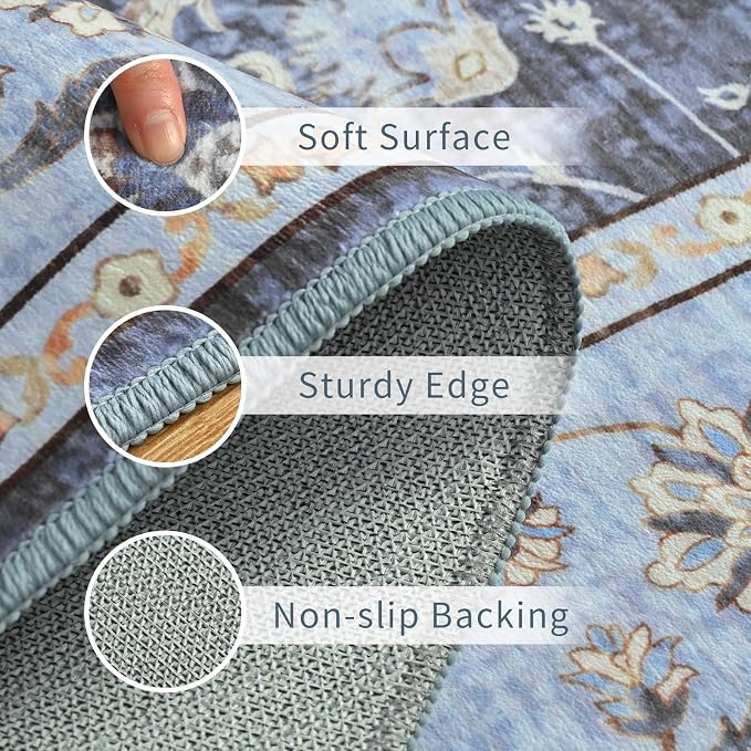 Vasofe 5x7 Rugs for Living Room, Machine Washable Rugs, Vintage Area Rug, Non-Slip Backing, Water Repellent, Low Pile Easy Care Throw Rugs for Bedroom Dining Room, Navy Blue