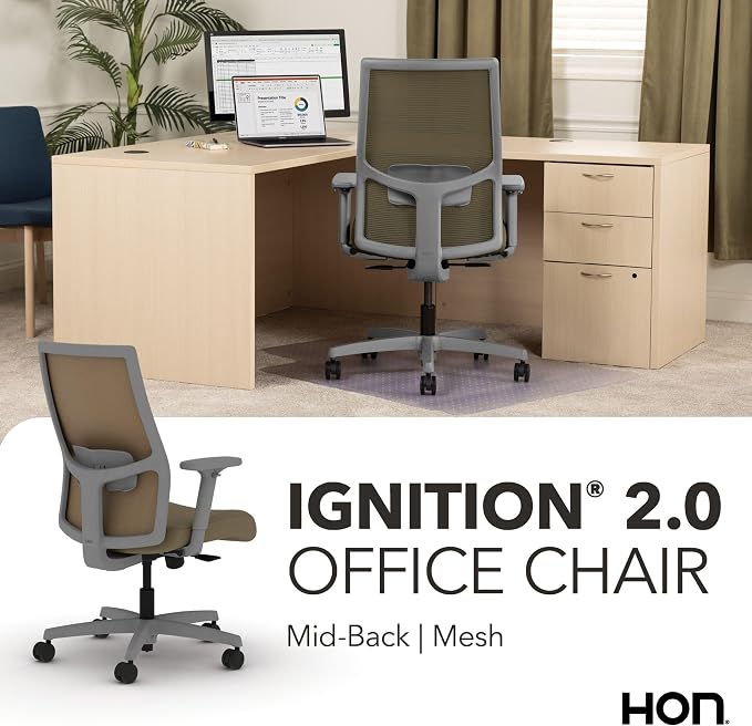 HON Ignition 2.0 Mid‑Back Ergonomic Office Chair, Mesh Task Desk Chair with Lumbar Support, Standard Synchro‑Tilt, Height and Width Adjustable Arms, Titanium Frame, Quicksand