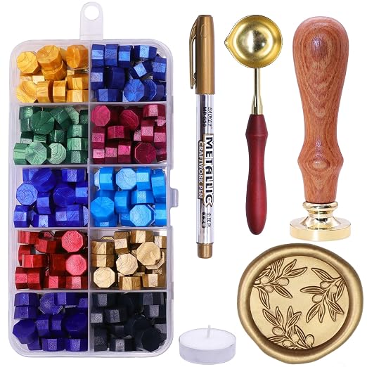 SWANGSA Olive Branches Wax Seal Stamp Kit with 200pcs Sealing Wax Beads, Great for Embellishment of Invitations, Wine Packages, Gift Ideas