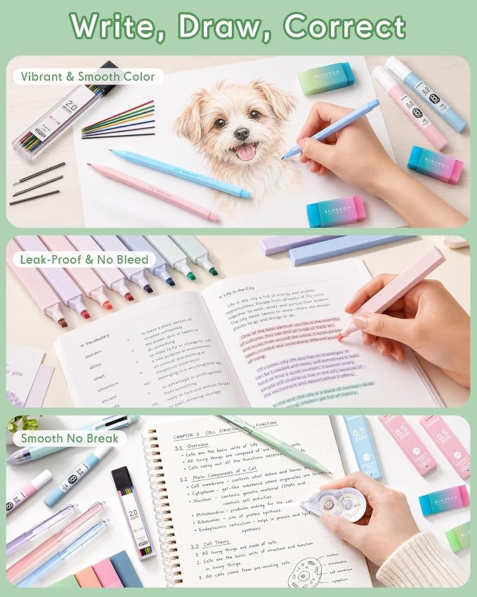 XKDOUS 54PCS All-in-One Cute School Supplies with Large Pen Case, 12 Pastel Highlighters, 5 Gel Pens, 9 Mechanical Pencils 0.5mm, 0.7mm & 2.0mm Stationary Set for Writing, Drawing & Drafting