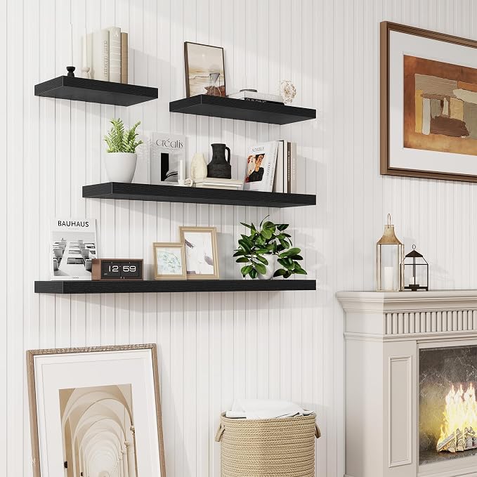 40in Floating Shelves for Wall, 40"W x 9.25"D x 1.25"H, 2 Pack Long Wall Mounted Engineered Wood Shelves with Invisible Brackets for Living Room, Bedroom, Bathroom, Kitchen Decor and Storage, Black