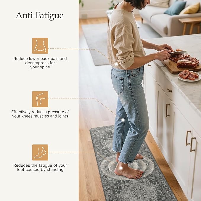 GENIMO Kitchen Mats for Floor 2PCs, Washable Anti Fatigue Mat for Cushioned, 17.3"x47"+17.3"x30", Waterproof Kitchen Rugs, Non Slip Comfort Standing Mat Rug for Home, Sink, Laundry, Dark Gray