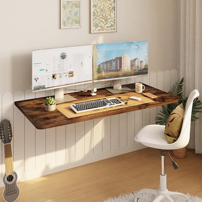 IAE Wall Mounted Floating Foldable Desk, 36" x 22" Folding Computer Workstation Table with Engineered Wood and Metal Shelf Brackets,Fold&Floating Design for Home Office, Apartment,Laundry Room,Rustic