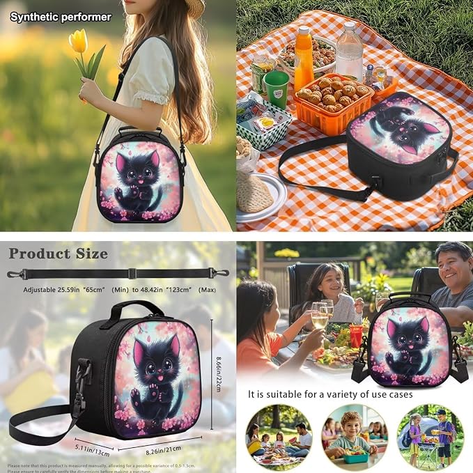 Girls 17 Inch Black Cat Backpack Set 4PCS, Cherry Blossoms Cute Cartoon Bookbag with Lunch Bag, Pencil Case & Bottle Sleeve for Elementary Kids Ages 6-8 Back to School