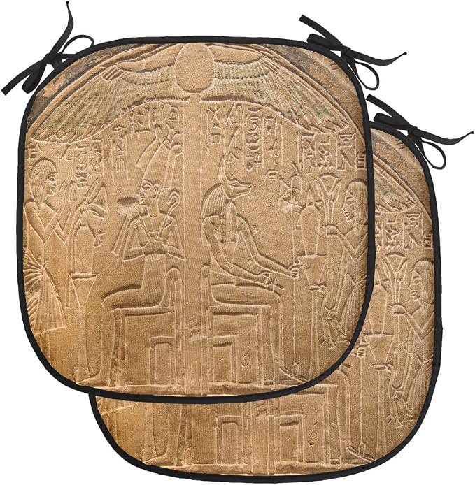 Lunarable Egyptian Print Chair Cushion Pads Set of 2, Egyptian Hieroglyphs on The Wall Stone Surface Scripts Arts Theme Image, Anti-Slip Seat Padding for Kitchen & Patio, 16"x16", Pale Brown
