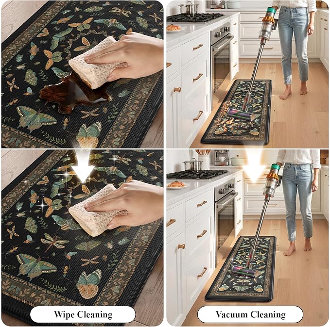 KIMODE Kitchen Mats for Floor 2 Piece Cushioned Anti Fatigue Kitchen Rugs | 17 x29+17"x47", Black,Vintage Butterfly,Non Slip Waterproof,Memory Foam,Standing Mats,for Laundry Sink Office Home Decor