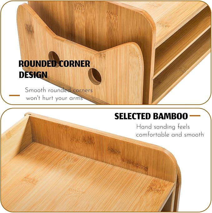 ZOOFOX Cute Cat-Shaped Bamboo Desk Organizer, 3-Tier Paper Letter Tray with 2 Vertical Mail Slots, Wooden Desktop File Holder and Sorter for Office Home