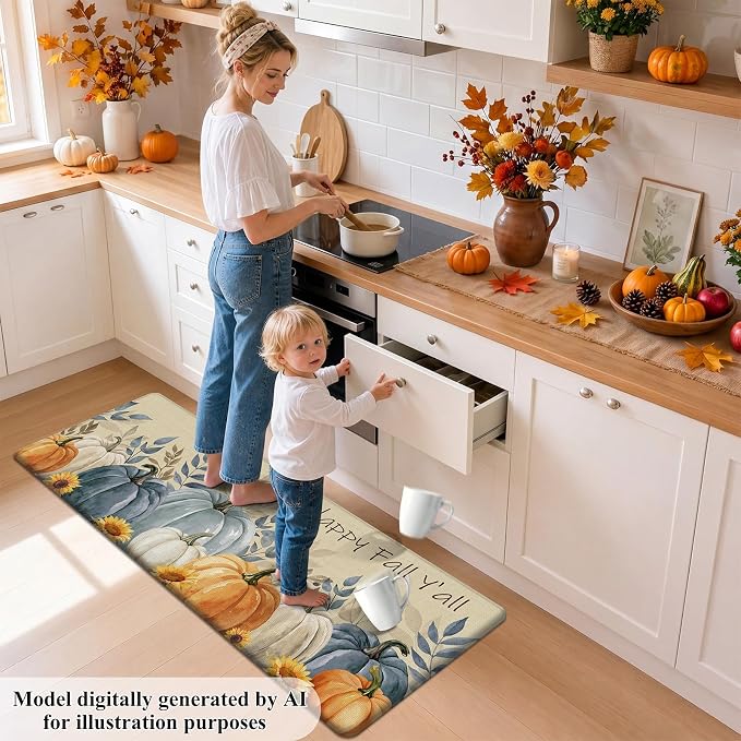 HEBE Fall Kitchen Mat Set of 2, Anti Fatigue Pumpkin Kitchen Mats for Floor | Cushioned Non Slip Autumn Kitchen Rugs and Runner Set, Waterproof Sunflower Maple Leaf Floor Carpet for Harvest Thanksgiving