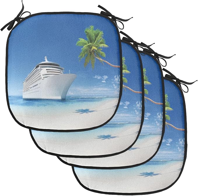 Lunarable Travel Chair Cushion Pads Set of 4, Ship Coastline Palm Tree Sandy Beach Nature Sunny Day Exotic Journey Seascape, Anti-Slip Seat Padding for Kitchen & Patio, 16"x16", Blue Green White