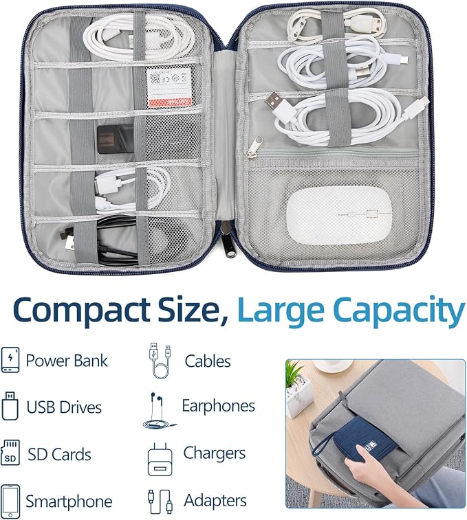 Electronics Organizer Travel Case - Water-Resistant Tech Bag for Cables, Chargers & Cord Management - Small Portable Pouch for Travel Accessories, Gear Bag for Airplane & Business