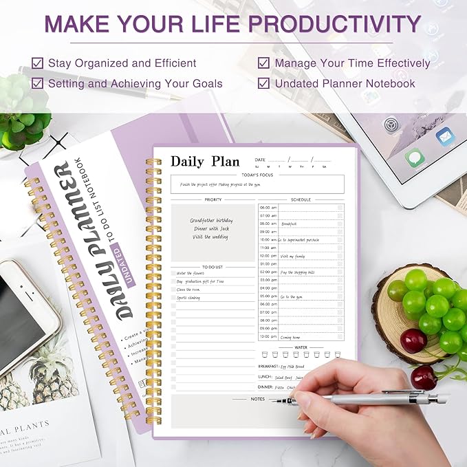 Daily Planner Undated, To-Do List Notebook with Hourly Schedule, Spiral Appointment Organizer Calendar for Man / Women, Flexible Cover, Twin-Wire Binding Elastic Closure, Pocket Pen Loop, 160 Pages