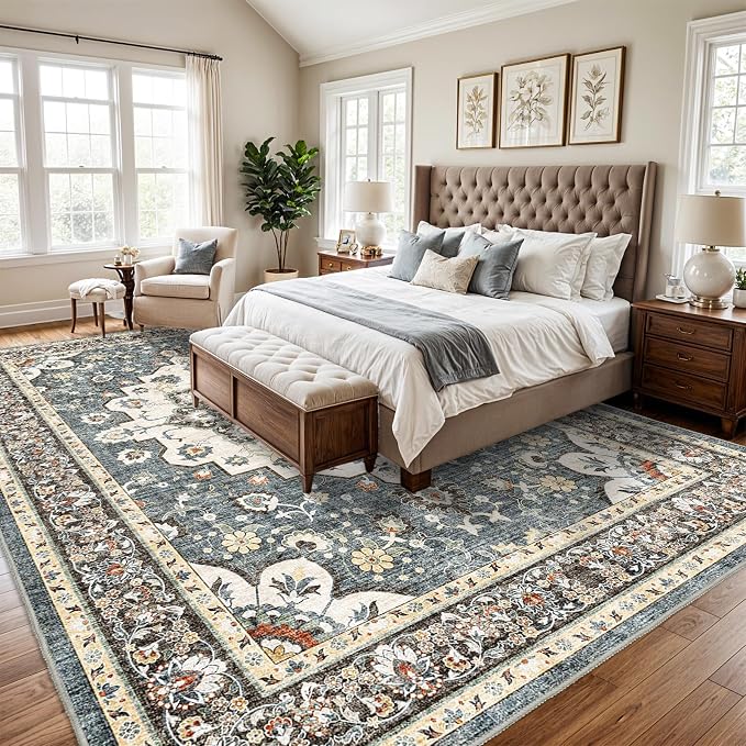 TOPRUUG Washable Oriental Area Rug - 10x14 Rugs for Living Room Soft Carpet for Bedroom Waterproof Floral Distressed Indoor Stain Resistant Non-Shedding Floor Carpets (Blue, 10X14)