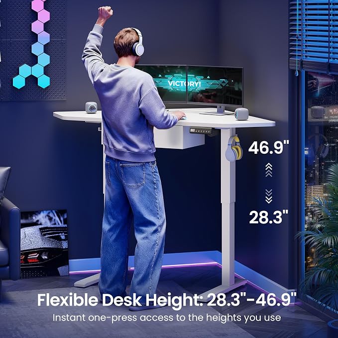 SEDETA Corner Electric Standing Desk with Drawer for Gaming, Small Space | 32'' Small Height Adjustable Computer Desk, Stand up Home Office Writing Desk, White