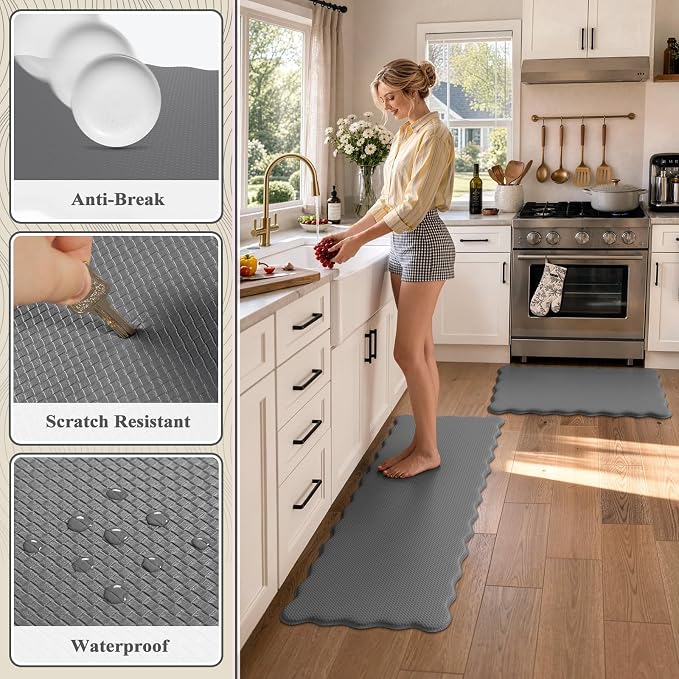 KIMODE Anti Fatigue Kitchen Mats for Kitchen Floor,Scalloped Kitchen Rugs Sets of 2 Non Slip,Cushioned Padded Memory Foam Kitchen Floor Mat Carpet for Office Laundry Sink,Grey