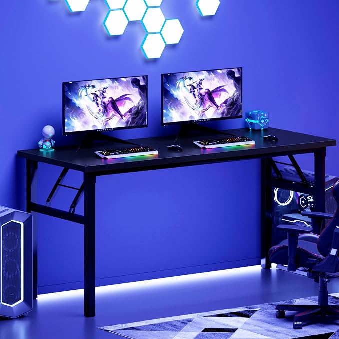 DlandHome Computer Desk 62 inches Office Desk Computer Table Study Writing Desk Workstation for Home Office Metal Frame Black and Black
