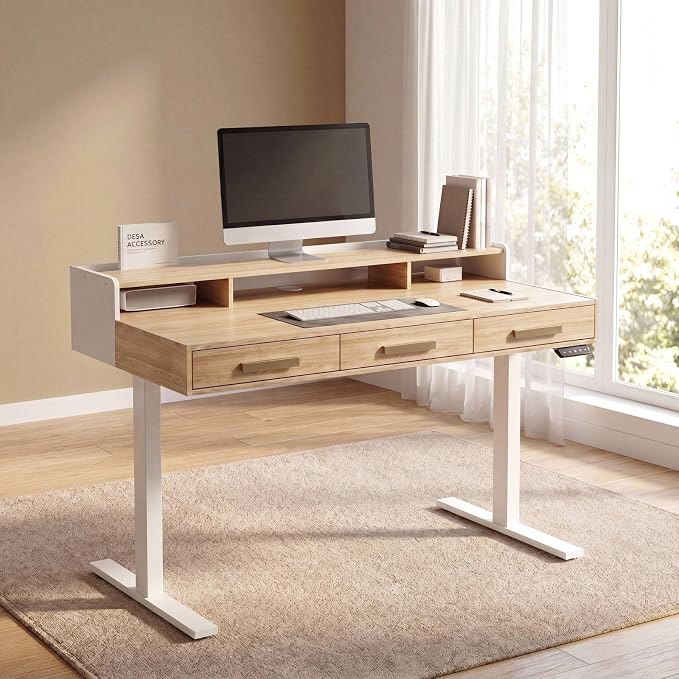 ModernMate 48" Electric Standing Desk with 3 Drawers & Monitor Shelf | Height Adjustable Sit Stand Desk, Home Office Computer Workstation with Storage for Small Space, Light Walnut