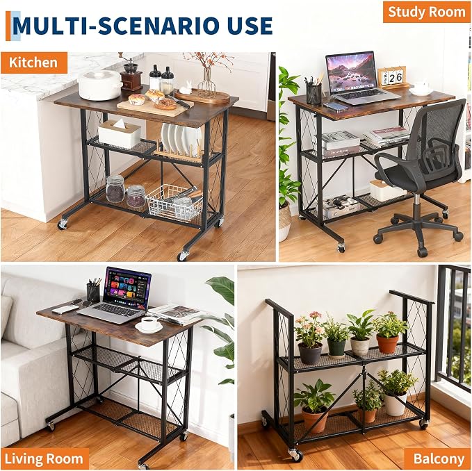 GarveeLife 31.5 inch 3Tier Foldable Desk with Wheels, Large Capacity Shelving Unit, Freestanding Metal Wire Shelf Rack, No Assembly Organizer Rack for Study Room,Kitchen,Living Room,Balcony