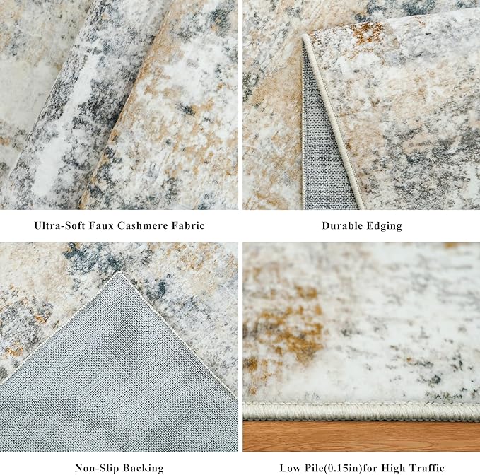 2x5 Non-Slip Washable Runner Rug – Modern Neutral Abstract Small Rug for Hallway, Kitchen, Bathroom, Bedroom, Entryway, Laundry Room – Thin Soft Low-Pile Rubber Backing (Gold Grey)