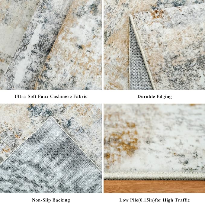4x6 Washable Entryway Rug – Non-Slip Low-Pile Small Area Rug for Kitchen Bedroom Living Room Office – Modern Abstract Neutral Throw Carpet with Rubber Backing (Gold Grey)