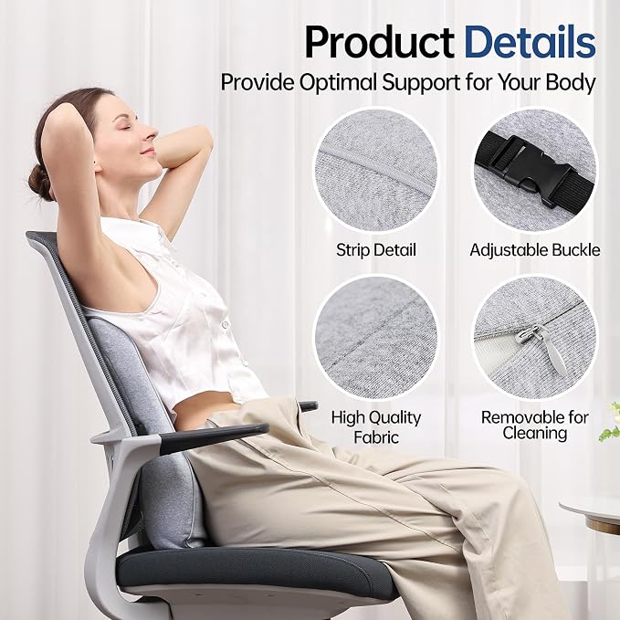 Plush & Comfortable Memory Foam Lumbar Support Pillow - Soft Back Cushion for Office Chair, Car Seat, Gaming Chair - Ergonomic Lower Back Pain Relief with Adjustable Straps & Washable Cover-Light Grey
