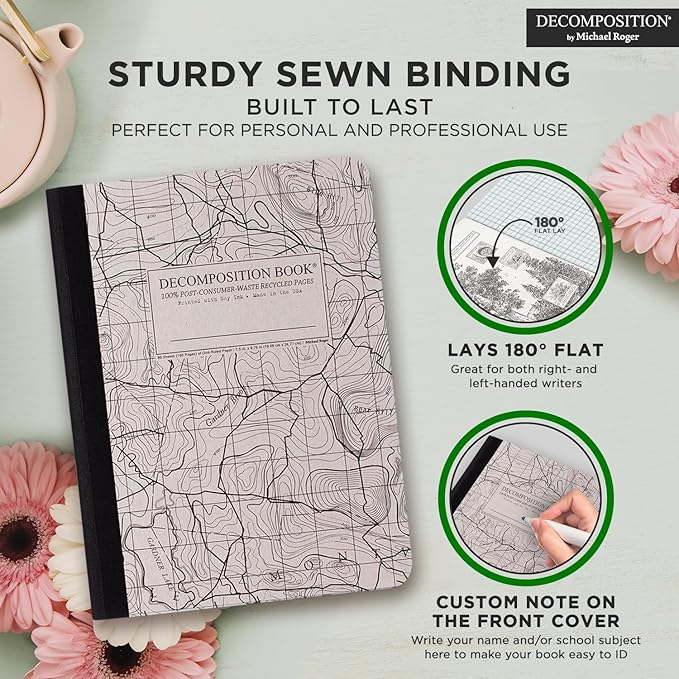 Decomposition Topographical Map Graph Paper Composition Notebook - 9.75 x 7.5 Journal with 160 Grid Pages - Quad Ruled Notebooks for School Supplies, Home & Office - 100% Recycled Paper, Made in USA