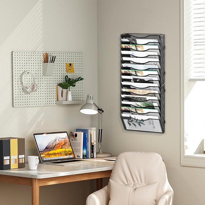 EasyPAG Wall File Organizer for Office 14 Pocket Mesh Wall Mounted Paper Organizer Hanging Folder Holder with Nametag Label for Home School, Black
