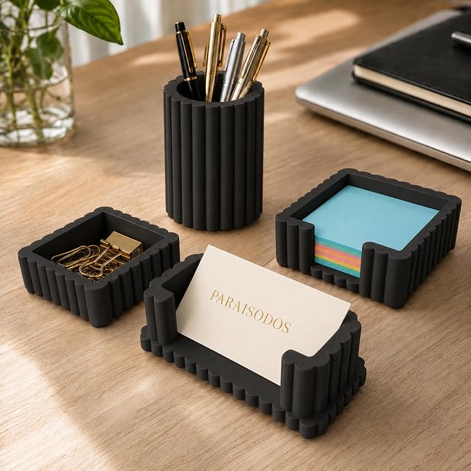 Concrete Desk Organizer Set of 4, Modern Desk Accessories, Black | Pen holder, Sticky note holder, Paper clip tray, Business card holder, Soft anti-slip pads, For home and office use