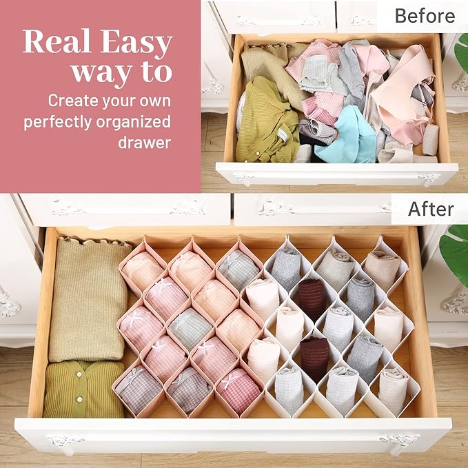 ROUFA Sock Drawer Organizer for Dresser, Honeycomb Underwear Dividers for Women, Panty Separator for Belts, Ties, Small Clothing(12pcs of Pink + 12pcs of White)