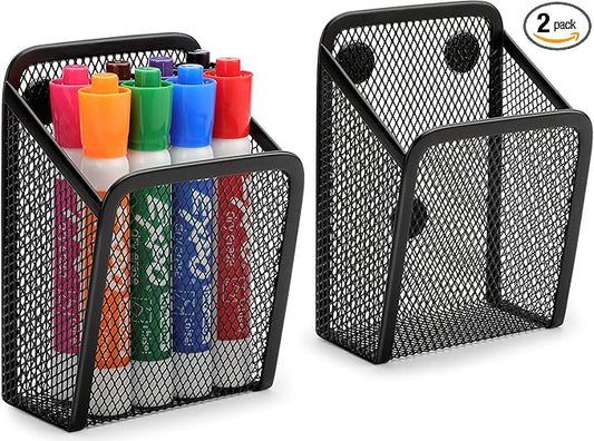 MaxGear Magnetic Pen Holder, 2 Pack Mesh Pencil Holder for Desk Storage Basket Organizer Marker Holder - Extra Strong Magnets Perfect for Locker Accessories, Refrigerator, Whiteboard, School Office