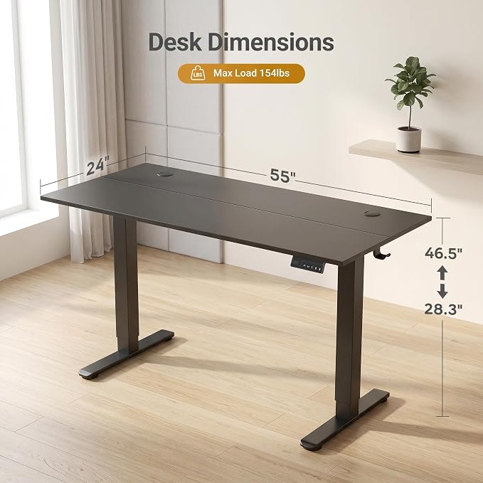 Claiks 55 x 24 Inch Black Electric Standing Desk | Adjustable Height, Sit Stand, 3 Memory Presets, Cable Management, Spacious Ergonomic, Home Office & Bedroom